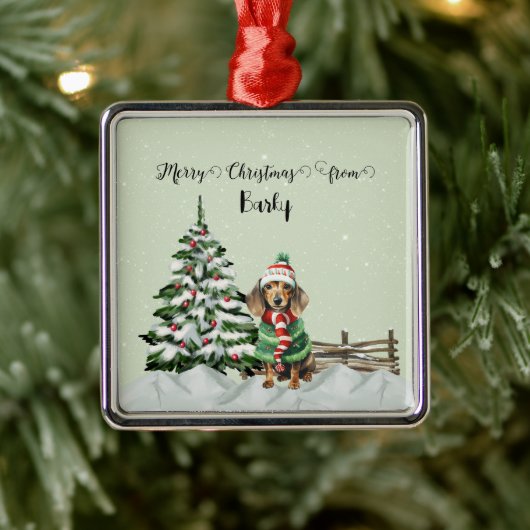Ornement Carré Argenté Joyeux Noël du nom du chien (Arbre)