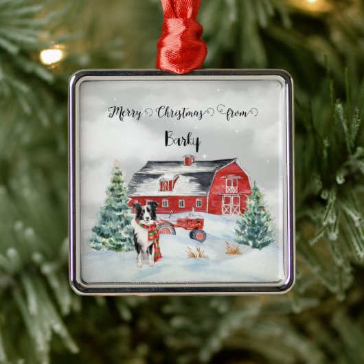 Ornement Carré Argenté Joyeux Noël du nom du chien (Arbre)