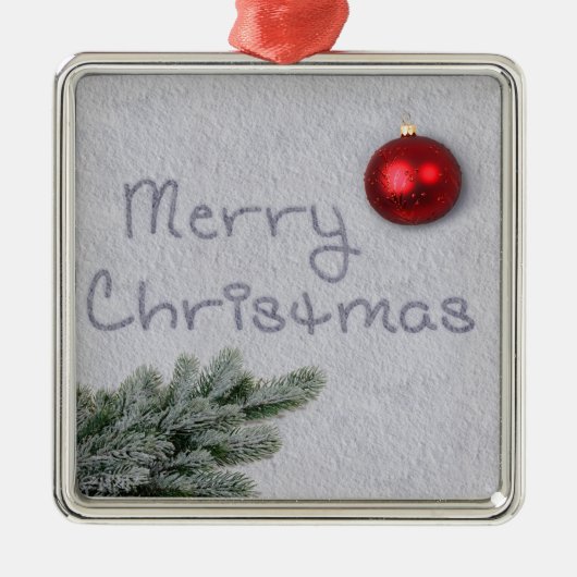 Ornement Carré Argenté Joyeux Noël écrit dans la neige (Devant)