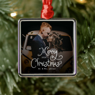 Ornement Carré Argenté Joyeux Noël Écriture Fantaisiste  Photo personnali