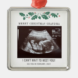 Ornement Carré Argenté Joyeux Noël Grossesse Ultrasound Photo Grand-mère