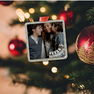 Ornement Carré Argenté Joyeux Noël Marine Cottagecore