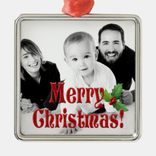 Ornement Carré Argenté Joyeux Noël moderne et photo Holly personnalisée