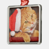 Ornement Carré Argenté Joyeux Noël Orange Tabby Chat (Gauche)