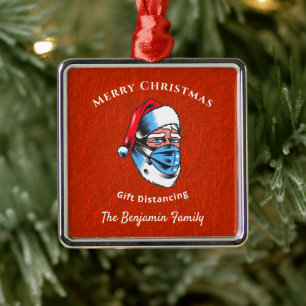 Ornement Carré Argenté Joyeux Noël Père Noël Masque Visage