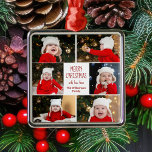 Ornement Carré Argenté Joyeux Noël Photo Collage mignon Personnalisé<br><div class="desc">Ce joli ornement de Noël Joyeux et personnalisé présente une présentation classe de 6 photos de famille sur un arrière - plan blanc avec une jolie typographie rouge et verte. Ce magnifique cadeau de vacances photo pour enfants présente le collage photo de votre propre enfant entourant votre message festif et...</div>