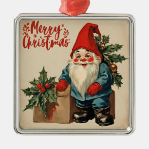 Ornement Carré Argenté Joyeux Noël Vintage Gnome
