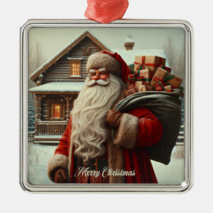 Ornement Carré Argenté Joyeux Noël vintage Père Noël