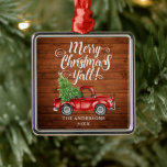 Ornement Carré Argenté Joyeux Noël Y'all Wood Carré de camion rouge<br><div class="desc">Joyeux Noël Y'all Ornement en bois rustique avec aquarelle Vintage Camion rouge et arbre de Noël</div>