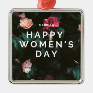 Ornement Carré Argenté Joyeux texte de la journée des femmes sur floral
