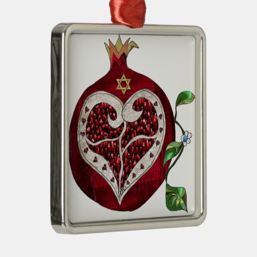 Ornement Carré Argenté Judaica Pomegranate Heart Hanoukka Rosh Hashanah (Droite)