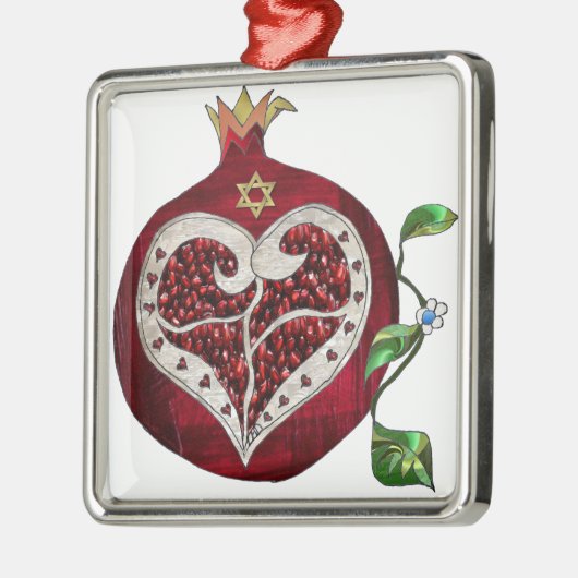 Ornement Carré Argenté Judaica Pomegranate Heart Hanoukka Rosh Hashanah (Gauche)