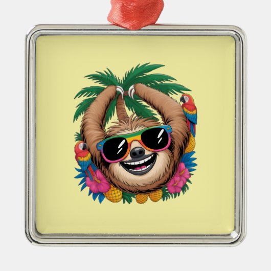 Ornement Carré Argenté Kawaii Tropical Sloth – Cute Summer Vibes Rainbow (Devant)