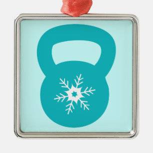 Ornement Carré Argenté Kettlebell avec un flocon de neige mignon