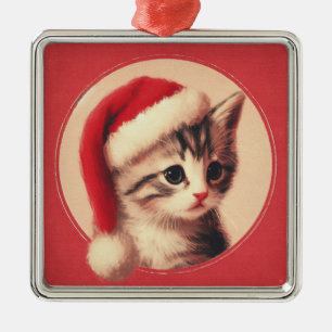 Ornement Carré Argenté Kitten dans un Santa Hat Retro Vintage