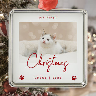 Ornement Carré Argenté Kitty Photo Chaton 1er Noël Empreintes Rouges