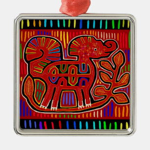 Ornement Carré Argenté Kuna Indian Baby Elephant - Mola Folk Art