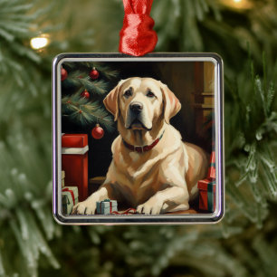 Ornement Carré Argenté Labrador Retriever Christmas