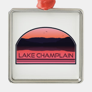 Ornement Carré Argenté Lac Champlain New York Vermont Red Sunrise