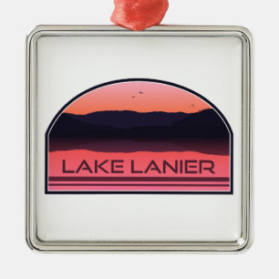 Ornement Carré Argenté Lac Lanier Georgia Lever de soleil rouge