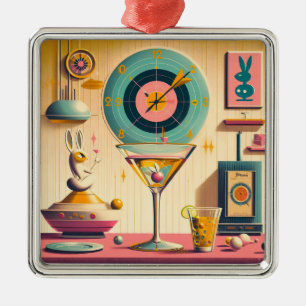 Ornement Carré Argenté Lapin Martini Rétro Futuriste du Milieu du Siècle