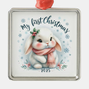 ORNEMENT CARRÉ ARGENTÉ LAPIN MIGNON POUR MON PREMIER NOËL