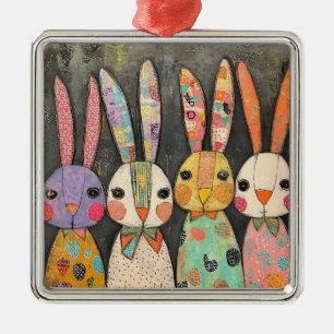 Ornement Carré Argenté Lapins de Pâques fantaisistes en patchwork