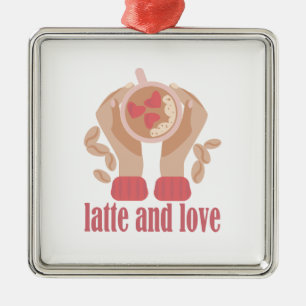 Ornement Carré Argenté Latte et coupe d'amour, mains et citation de café