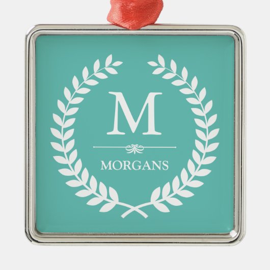 Ornement Carré Argenté Laurel Wreath Decor Pastel Turquoise Family Monogr (Devant)