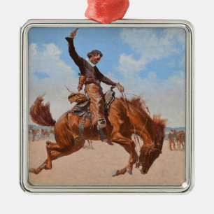 Ornement Carré Argenté Le Bronco Buster (par Frederic Remington)