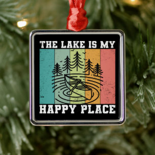 Ornement Carré Argenté Le lac est mon Happy Place Distressed Lac Vintage