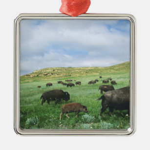 Ornement Carré Argenté Le troupeau de bison frôlent l'herbe de prairie