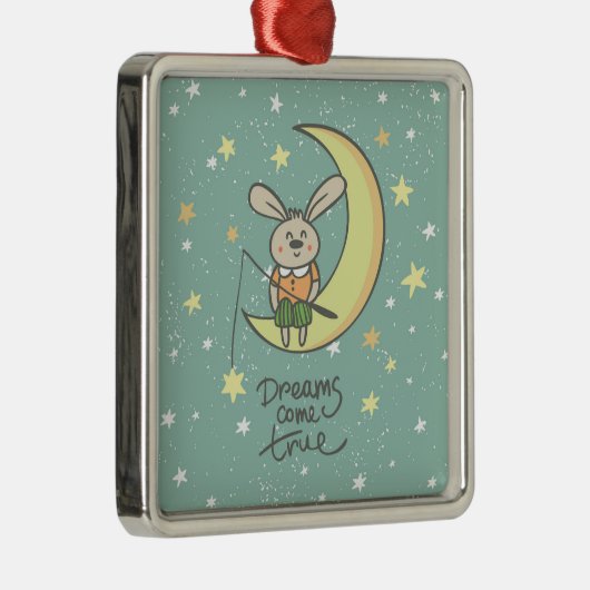 Ornement Carré Argenté Les rêves deviennent réalité | Lapin sur la Lune (Droite)