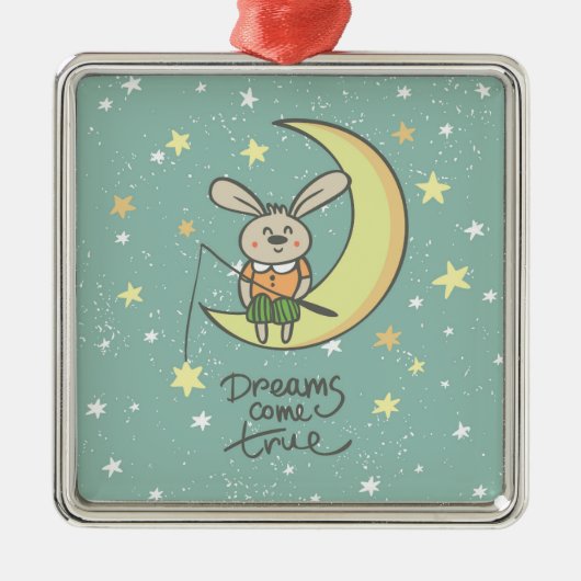 Ornement Carré Argenté Les rêves deviennent réalité | Lapin sur la Lune (Devant)