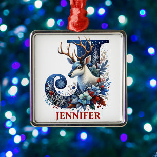 Ornement Carré Argenté LETTRE JAUNE ROSEIGNE DE Noël J Nom personnalisé