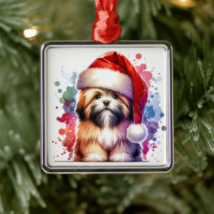 Ornement Carré Argenté Lhasa Apso Chien à Santa Hat Noël