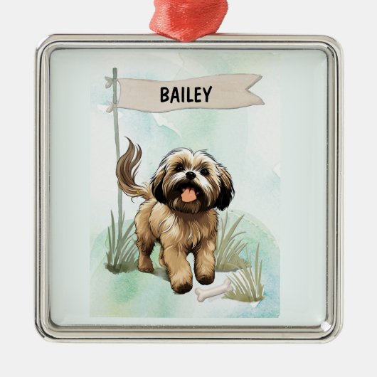 Ornement Carré Argenté Lhasa Apso Watercolor Personalized Dog (Devant)