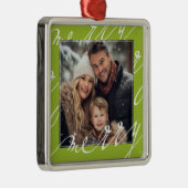 Ornement Carré Argenté Lime Green Fancy Script "Joyeux Noël Photo (Droite)