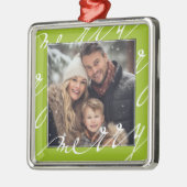 Ornement Carré Argenté Lime Green Fancy Script "Joyeux Noël Photo (Gauche)