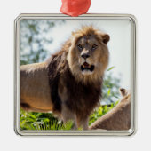 Ornement Carré Argenté Lion debout la bouche ouverte parmi les plantes (Devant)