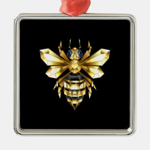 Ornement Carré Argenté Logo Faux Gold Foil Bee Polygonal sur Noir