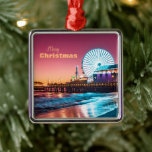 Ornement Carré Argenté Los Angeles Pink Blue Sunset Santa Monica Pier<br><div class="desc">"Merry Christmas" Los Angeles Pink and Blue Sunset Santa Monica Pier Metal Ornament: This photo was taken in Los Angeles,  California. You may use my image,  or swap it for your own. Either way,  this is a great ornament to decorate your Christmas tree with a road trip souvenir.</div>