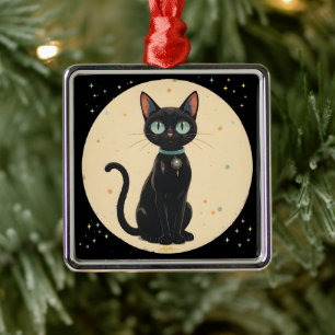 Ornement Carré Argenté Lune de chat noir atomique futuriste