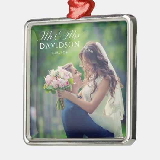 Ornement Carré Argenté M. & Mme Elegant Script Newlywed Christmas (Gauche)