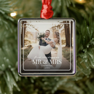 Ornement Carré Argenté M & Mme Premier Noël Personnalisé avec Photo