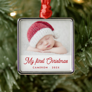 Ornement Carré Argenté Ma première photo de bébé à Noël nom année