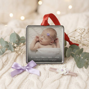 Ornement Carré Argenté Ma première photo de bébé Noël dans un cadre argen