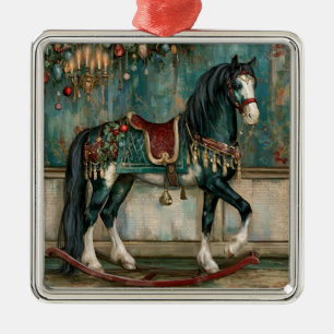 Ornement Carré Argenté Magnifique cheval de Noël victorien