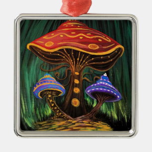 Ornement Carré Argenté Maison Champignon Colorée Magique Cottagecore Fant