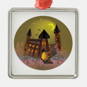 Ornement Carré Argenté Maison de sorcière éffrayante Halloween et château